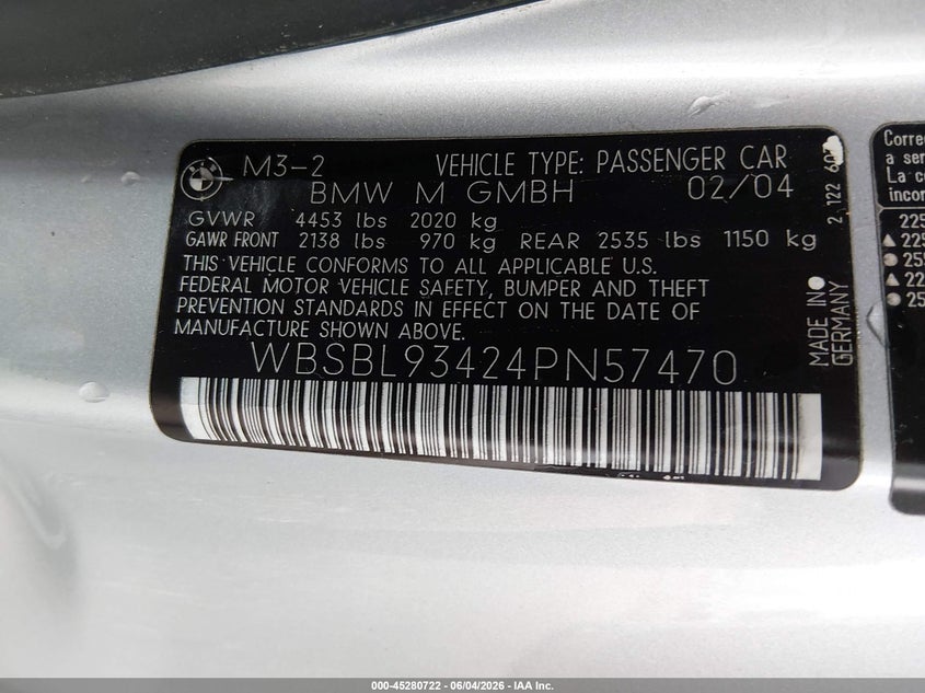2004 BMW M3 VIN: WBSBL93424PN57470 Lot: 45280722