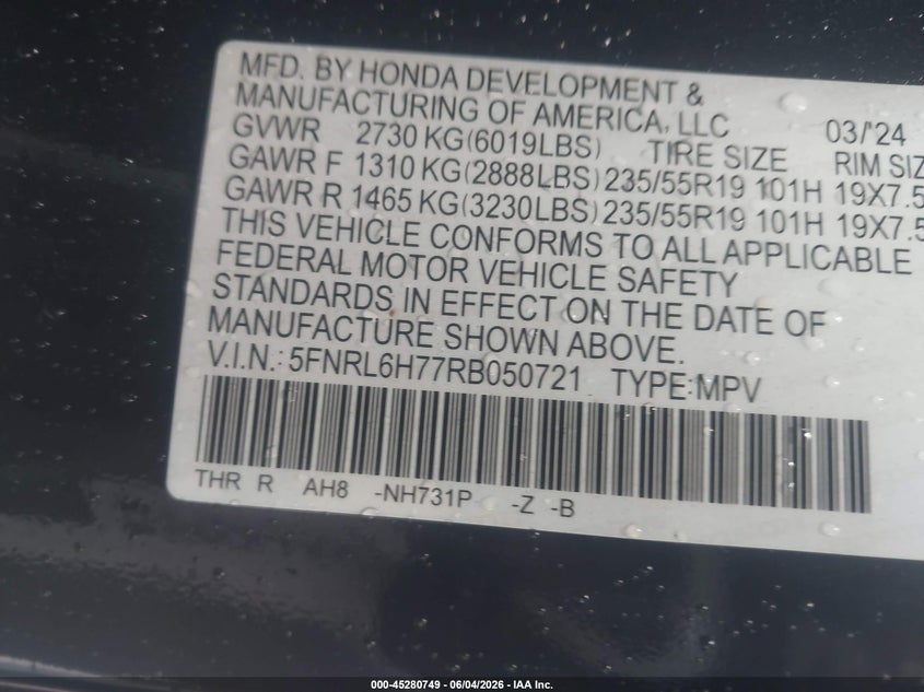2024 Honda Odyssey Sport VIN: 5FNRL6H77RB050721 Lot: 45280749