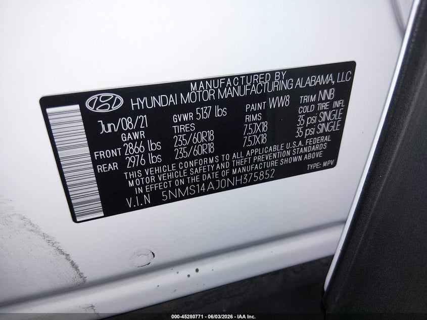 2022 Hyundai Santa Fe Se VIN: 5NMS14AJ0NH375852 Lot: 45280771