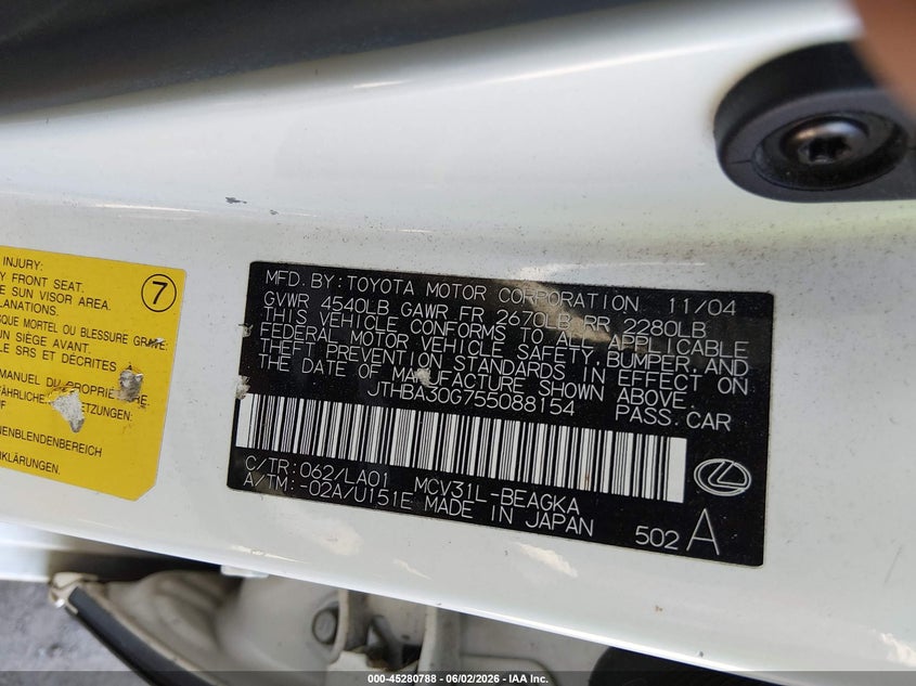 2005 Lexus Es 330 VIN: JTHBA30G755088154 Lot: 45280788