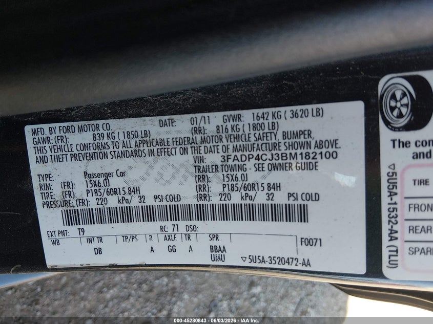 2011 Ford Fiesta Sel VIN: 3FADP4CJ3BM182100 Lot: 45280843