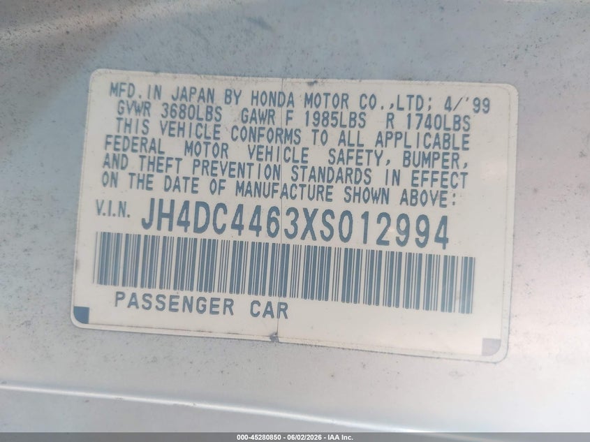 1999 Acura Integra Gs VIN: JH4DC4463XS012994 Lot: 45280850