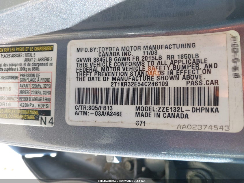 2004 Toyota Matrix Xr VIN: 2T1KR32E54C246109 Lot: 45280852