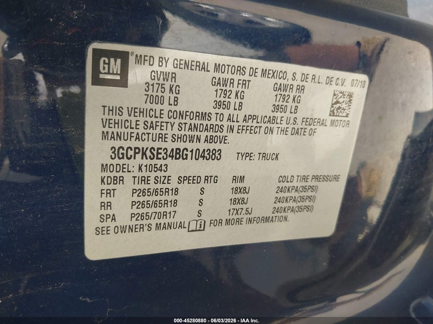 2011 Chevrolet Silverado 1500 Lt VIN: 3GCPKSE34BG104383 Lot: 45280880