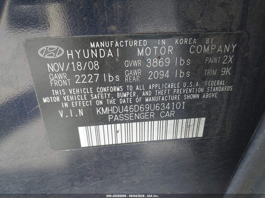 2009 Hyundai Elantra Gls VIN: KMHDU46D69U634101 Lot: 45280898