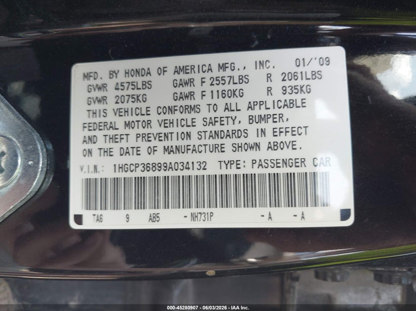 2009 Honda Accord 3.5 Ex-L VIN: 1HGCP36899A034132 Lot: 45280907