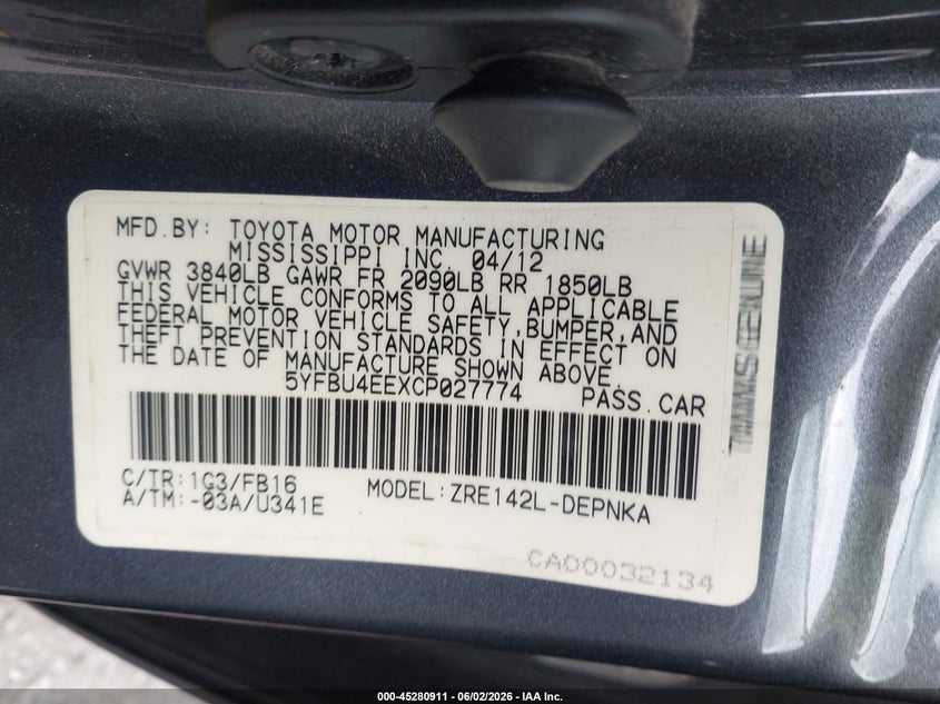 5YFBU4EEXCP027774 2012 Toyota Corolla 1.8 Le Grey