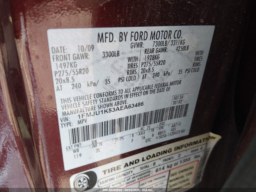 2010 Ford Expedition Limited VIN: 1FMJU1K53AEA63486 Lot: 45280948