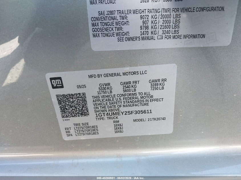 2025 GMC Sierra 2500Hd 4Wd Standard Bed Sle VIN: 1GT4UMEY2SF305611 Lot: 45280951
