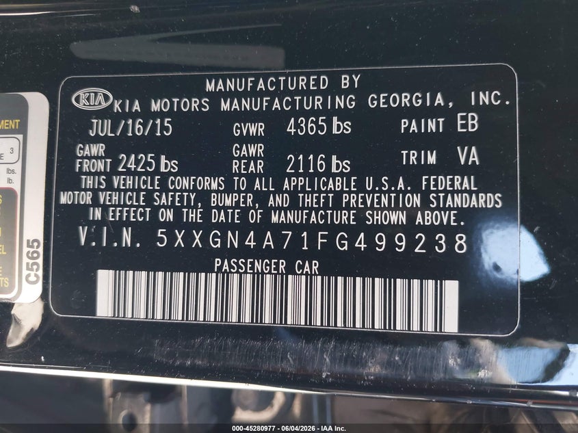 2015 Kia Optima Ex VIN: 5XXGN4A71FG499238 Lot: 45280977