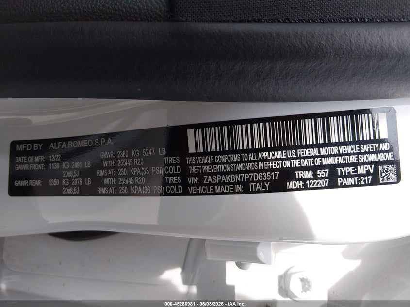 2023 Alfa Romeo Stelvio Veloce Awd VIN: ZASPAKBN7P7D63517 Lot: 45280981