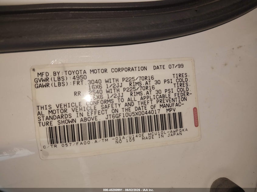 1999 Lexus Rx 300 VIN: JT6GF10U5X0044017 Lot: 45280991