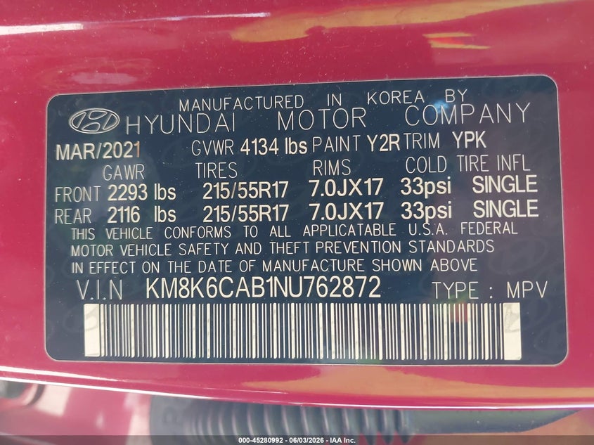 2022 Hyundai Kona Sel VIN: KM8K6CAB1NU762872 Lot: 45280992