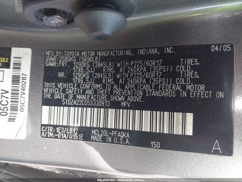 2005 Toyota Sienna Xle Limited VIN: 5TDZA22C05S330913 Lot: 45281001