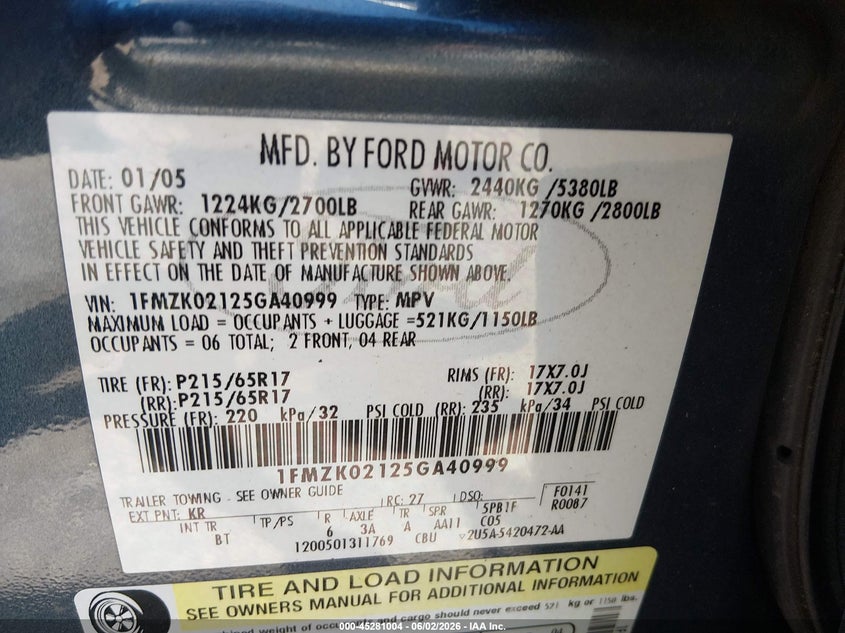 2005 Ford Freestyle Sel VIN: 1FMZK02125GA40999 Lot: 45281004
