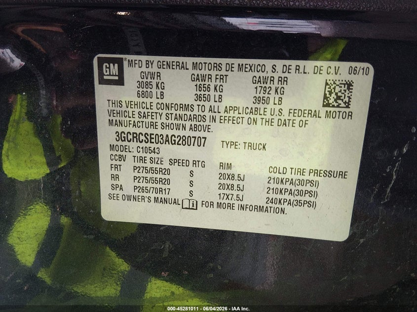 2010 Chevrolet Silverado 1500 Lt VIN: 3GCRCSE03AG280707 Lot: 45281011