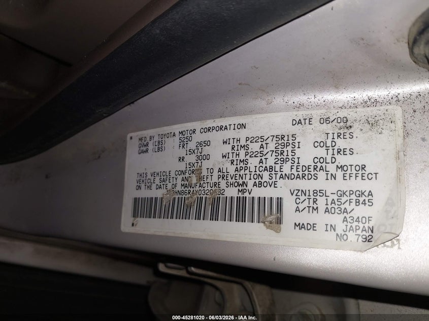 2000 Toyota 4Runner Sr5 V6 VIN: JT3HN86R4Y0320382 Lot: 45281020