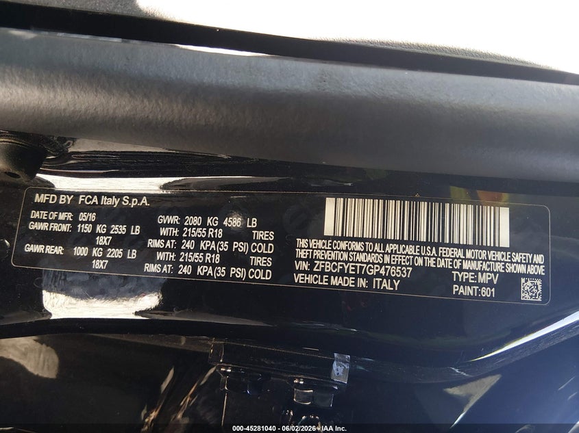 2016 Fiat 500X Trekk VIN: ZSBCSYET7GP476537 Lot: 45281040