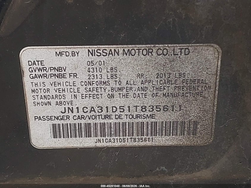 2001 NISSAN MAXIMA SEDAN 3.0L V-6 DOHC, 222HP