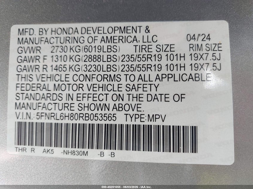 2024 Honda Odyssey Touring VIN: 5FNRL6H80RB053565 Lot: 45281055