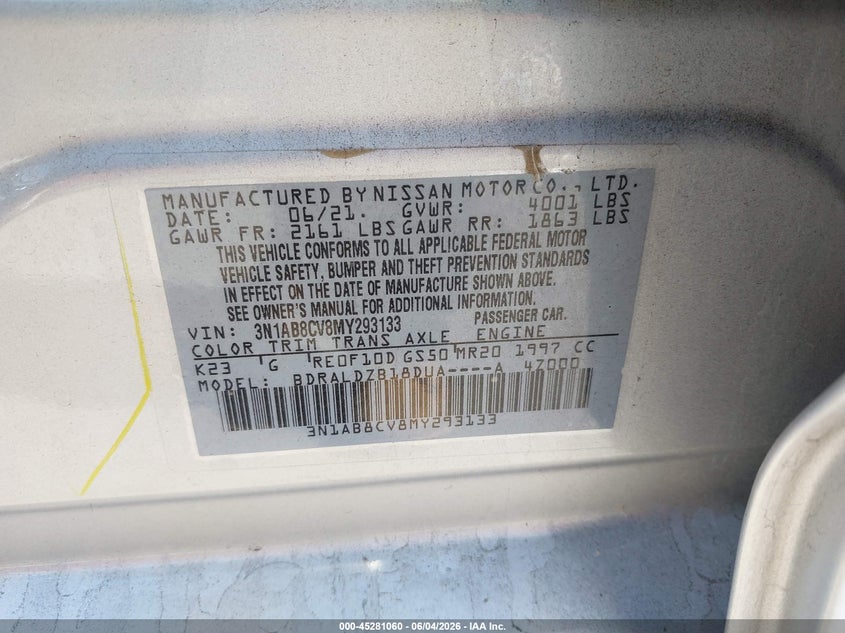 2021 Nissan Sentra Sv Xtronic Cvt VIN: 3N1AB8CV8MY293133 Lot: 45281060