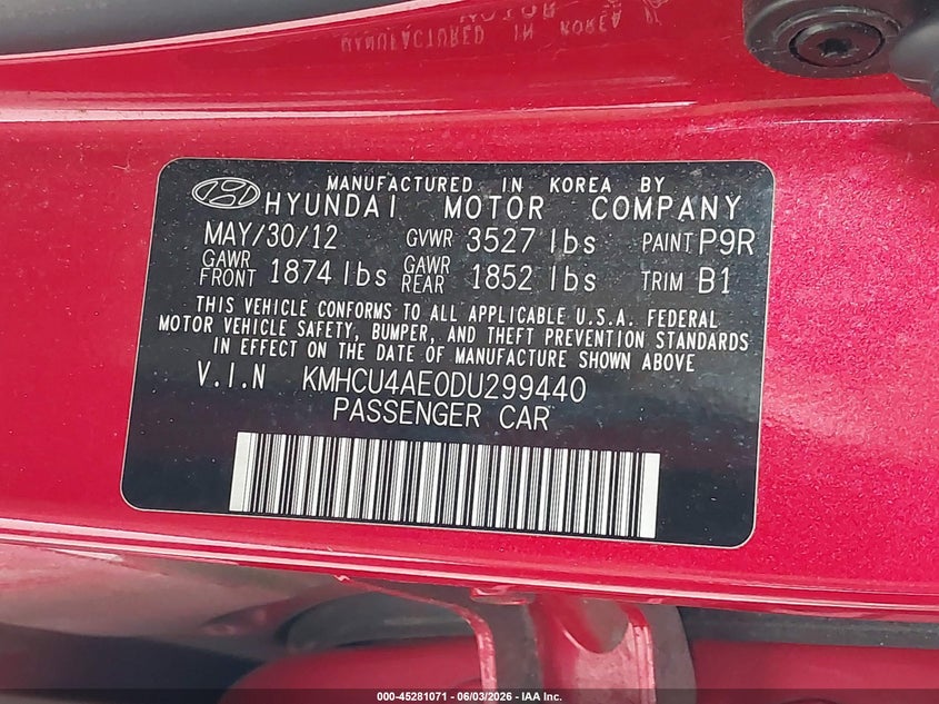 2013 Hyundai Accent Gls VIN: KMHCU4AE0DU299440 Lot: 45281071