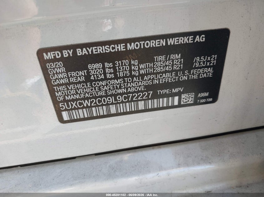 2020 BMW X7 xDrive40I VIN: 5UXCW2C09L9C72227 Lot: 45281102