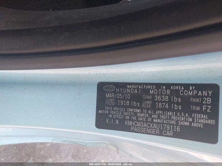 2010 Hyundai Accent Gs VIN: KMHCM3ACXAU179116 Lot: 45281136