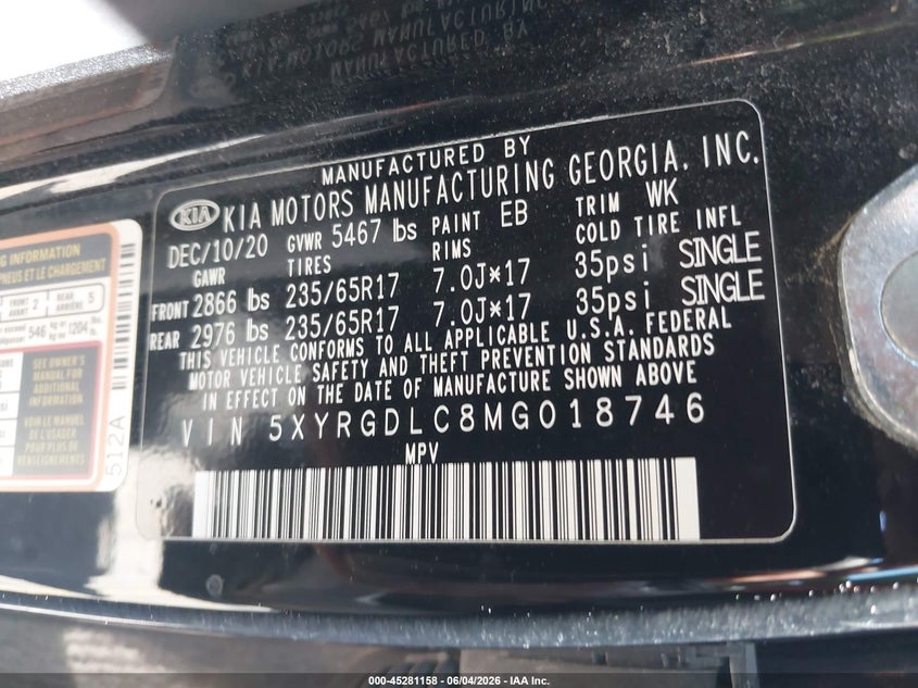 2021 Kia Sorento Lx VIN: 5XYRGDLC8MG018746 Lot: 45281158