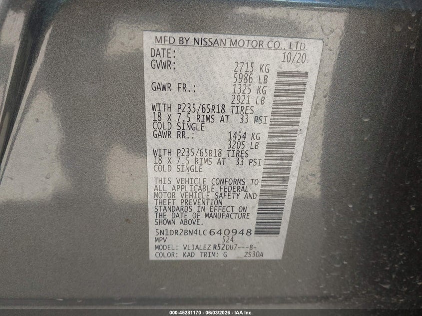 2020 Nissan Pathfinder Sv 2Wd VIN: 5N1DR2BN4LC640948 Lot: 45281170