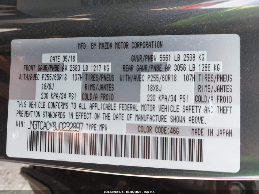 2018 Mazda Cx-9 Touring VIN: JM3TCACY8J0232897 Lot: 45281174