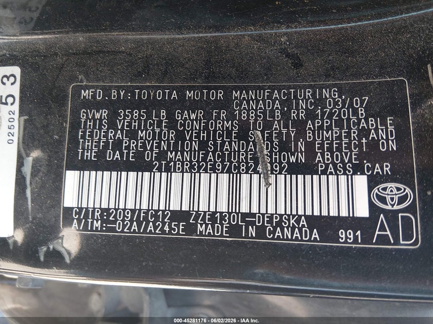 2007 TOYOTA COROLLA SEDAN 1.8L I-4 DOHC, VVT, 126HP