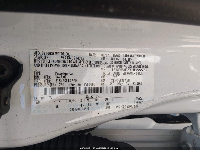 VIN 1FADP3F2XHL222732 2017 FORD FOCUS SE