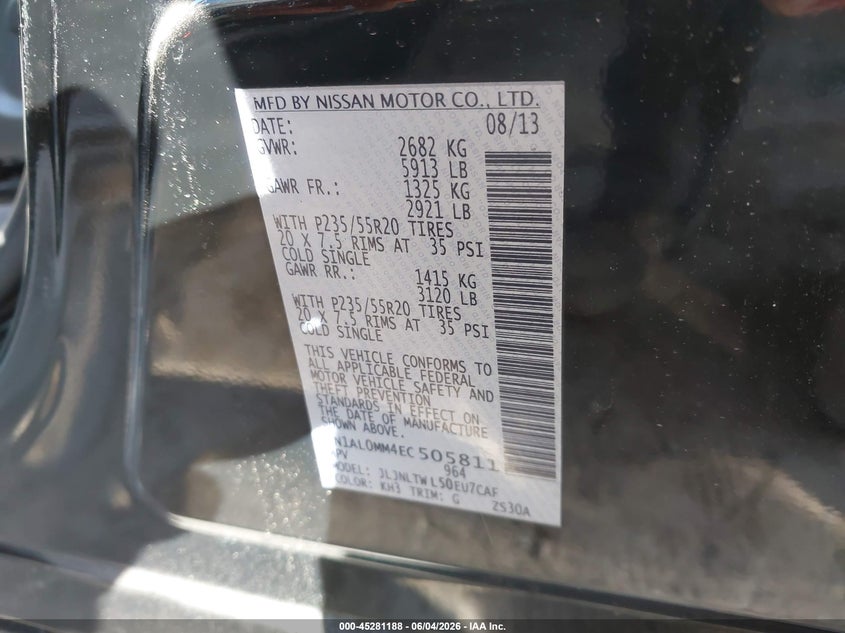 2014 Infiniti Qx60 VIN: 5N1AL0MM4EC505811 Lot: 45281188