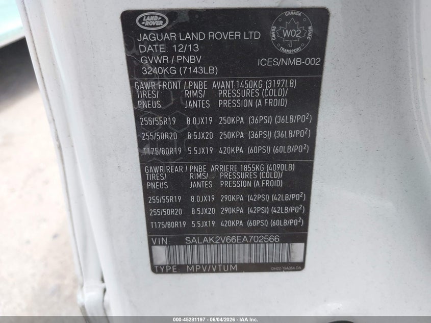 2014 Land Rover Lr4 VIN: SALAK2V66EA702566 Lot: 45281197