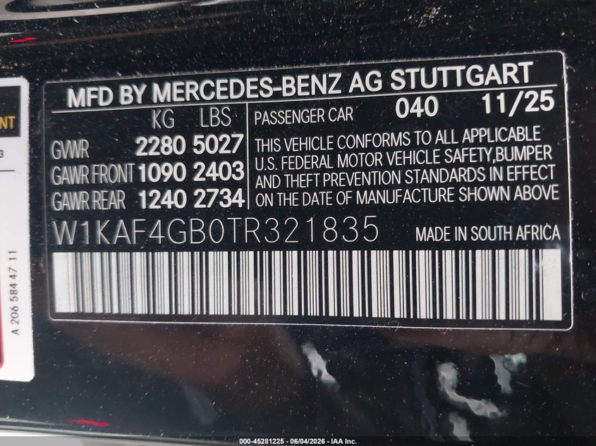 2026 Mercedes-Benz C 300 VIN: W1KAF4GB0TR321835 Lot: 45281225