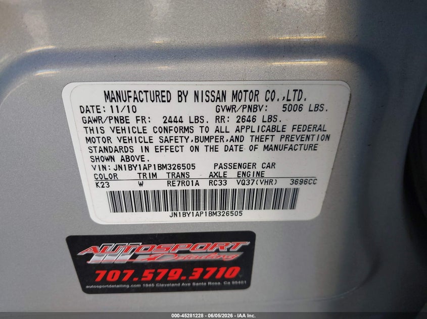 2011 Infiniti M37 VIN: JN1BY1AP1BM326505 Lot: 45281228