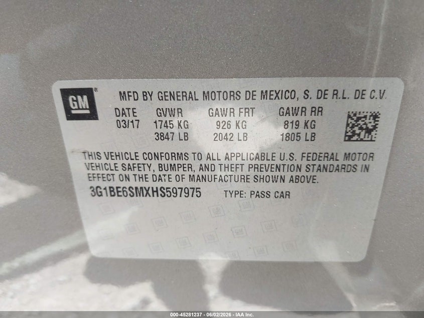 2017 Chevrolet Cruze Lt Auto VIN: 3G1BE6SMXHS597975 Lot: 45281237