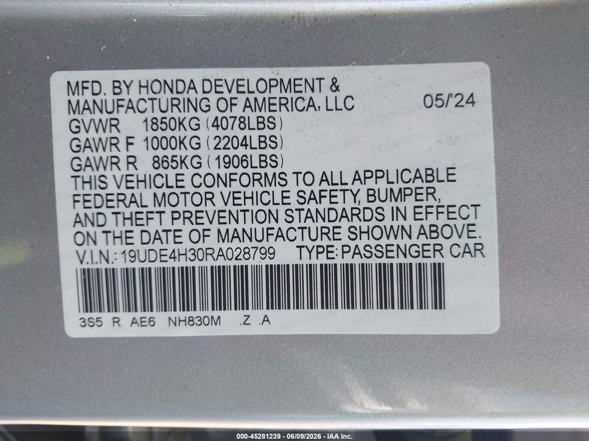2024 Acura Integra A-Spec VIN: 19UDE4H30RA028799 Lot: 45281239