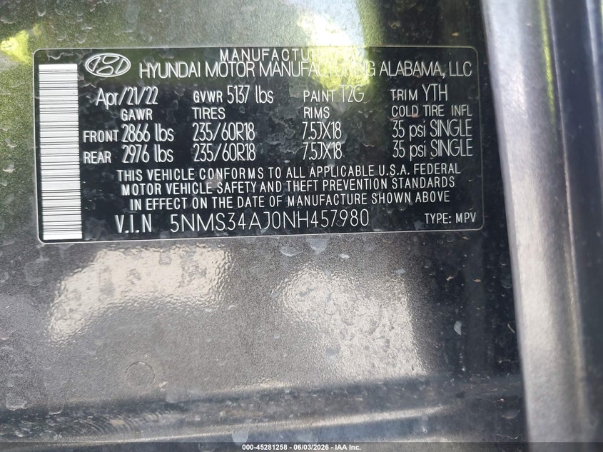2022 Hyundai Santa Fe Sel VIN: 5NMS34AJ0NH457980 Lot: 45281258