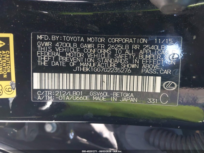 2016 Lexus Es 350 VIN: JTHBK1GG7G2235276 Lot: 45281271