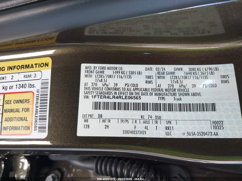 2024 Ford Ranger Raptor VIN: 1FTER4LR4RLE06565 Lot: 45281272
