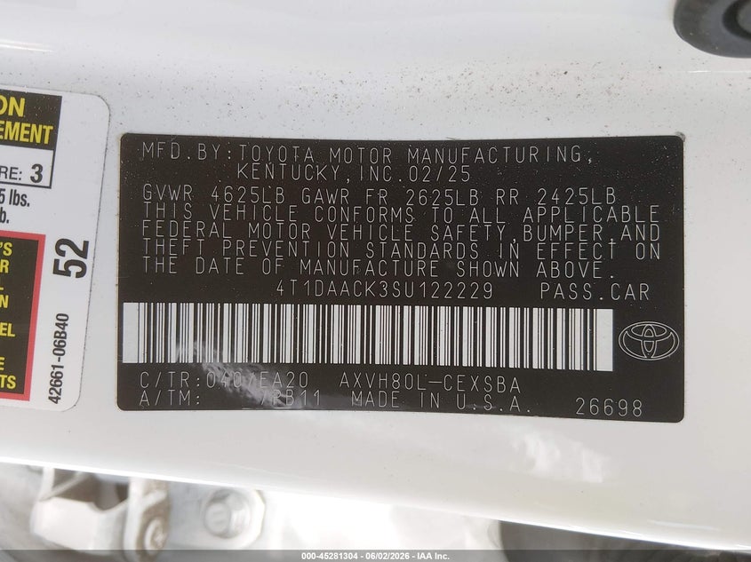 VIN 4T1DAACK3SU122229 2025 TOYOTA CAMRY SE