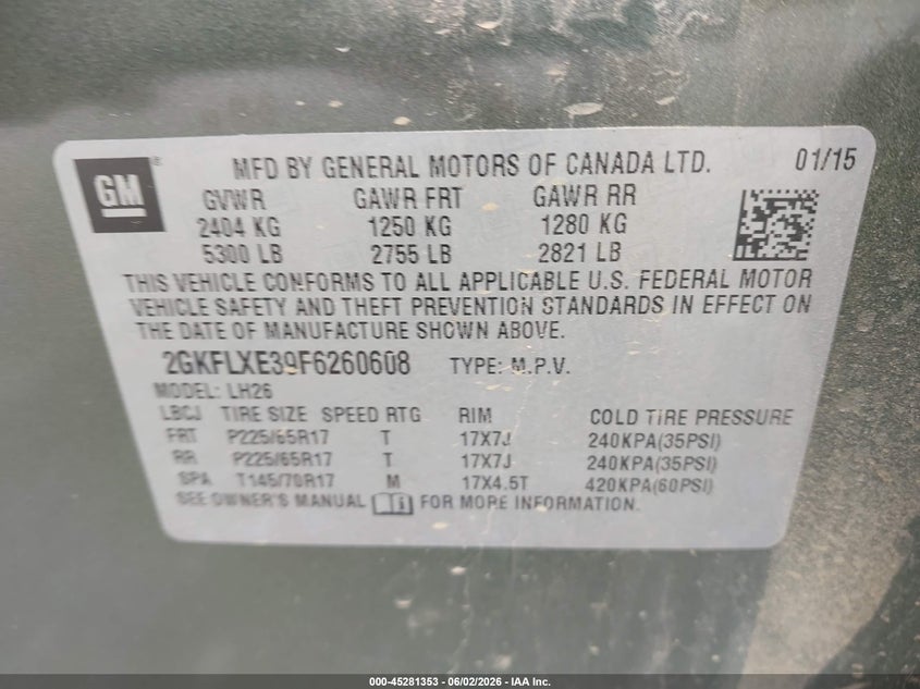 2015 GMC Terrain Slt-1 VIN: 2GKFLXE39F6260608 Lot: 45281353