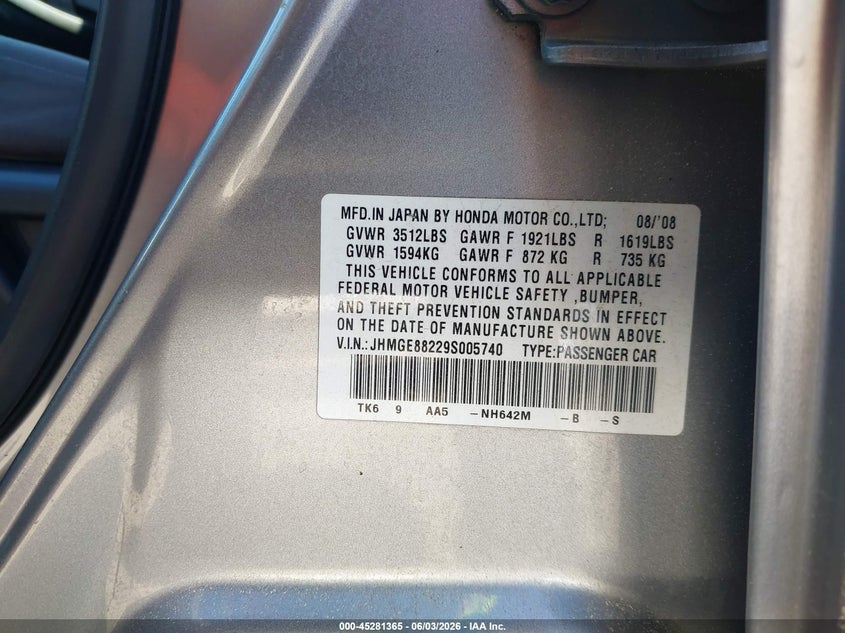 2009 Honda Fit VIN: JHMGE88229S005740 Lot: 45281365