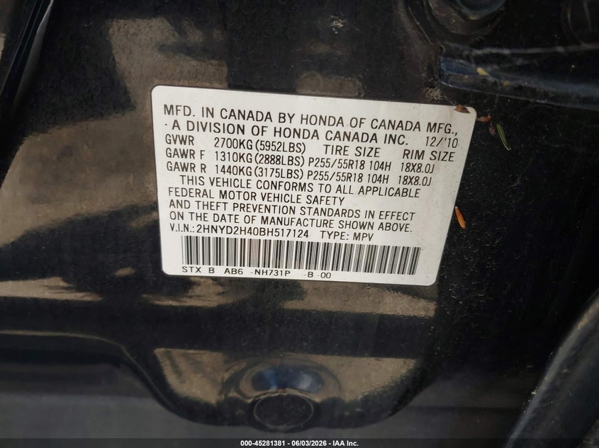 2011 Acura Mdx Technology Package VIN: 2HNYD2H40BH517124 Lot: 45281381