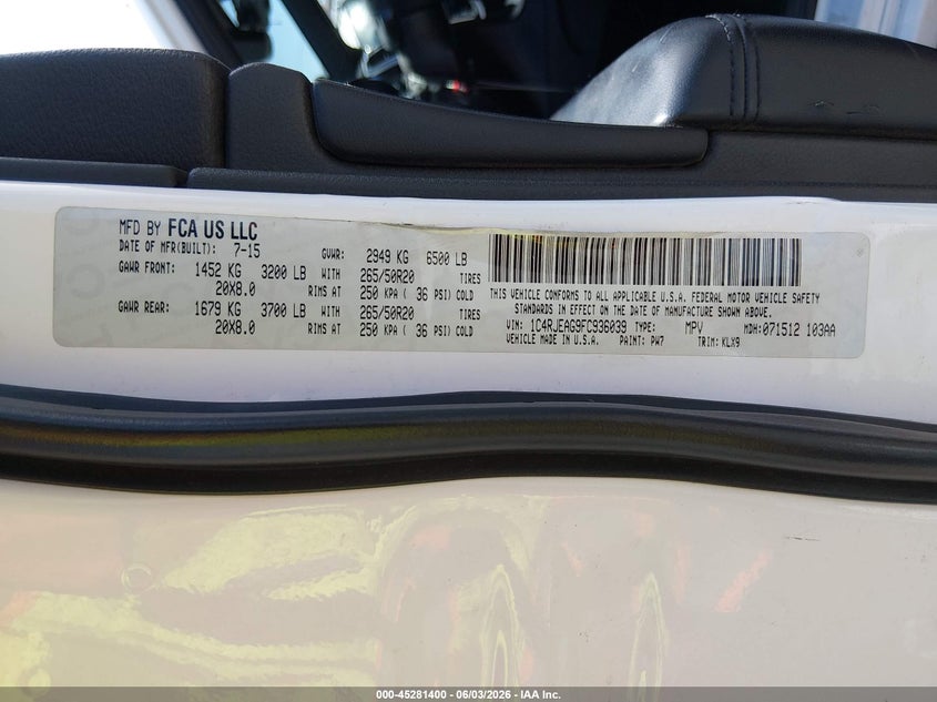 2015 Jeep Grand Cherokee Altitude VIN: 1C4RJEAG9FC936039 Lot: 45281400