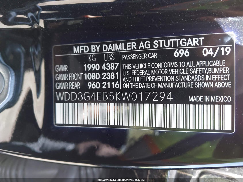 2019 Mercedes-Benz A 220 VIN: WDD3G4EB5KW017294 Lot: 45281414