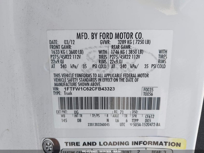 2012 FORD F-150 PICKUP 6.2L V-8 VVT, 411HP