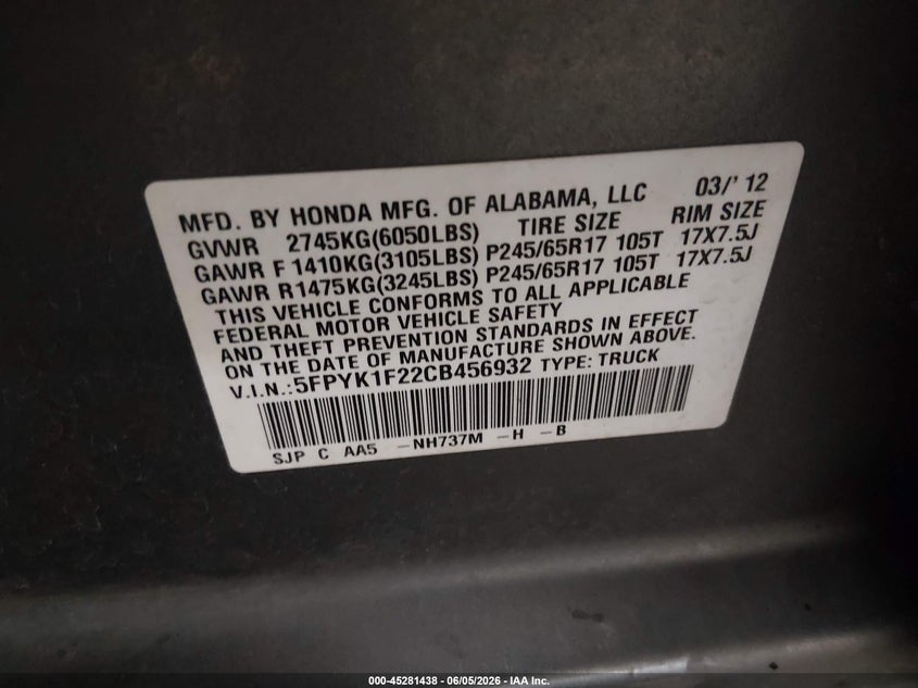 2012 Honda Ridgeline Rt VIN: 5FPYK1F22CB456932 Lot: 45281438